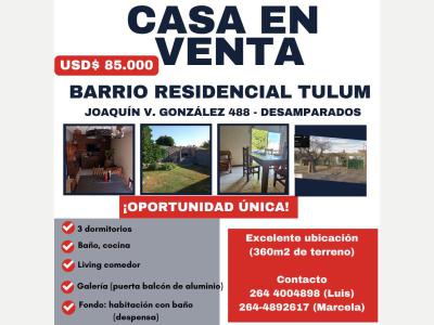 Casas Venta San Juan Casa en Venta. Barrio Residencial Tulum  -  Desamparados